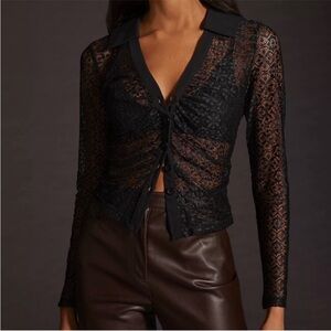 Maeve black button up collared lace blouse size XL petite NWT